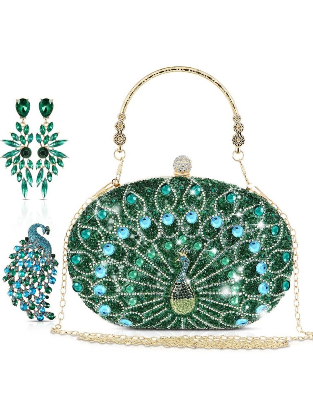 Sparkly Rhinestone Evening Clutch Bag for Women, Elegant Peacock Design